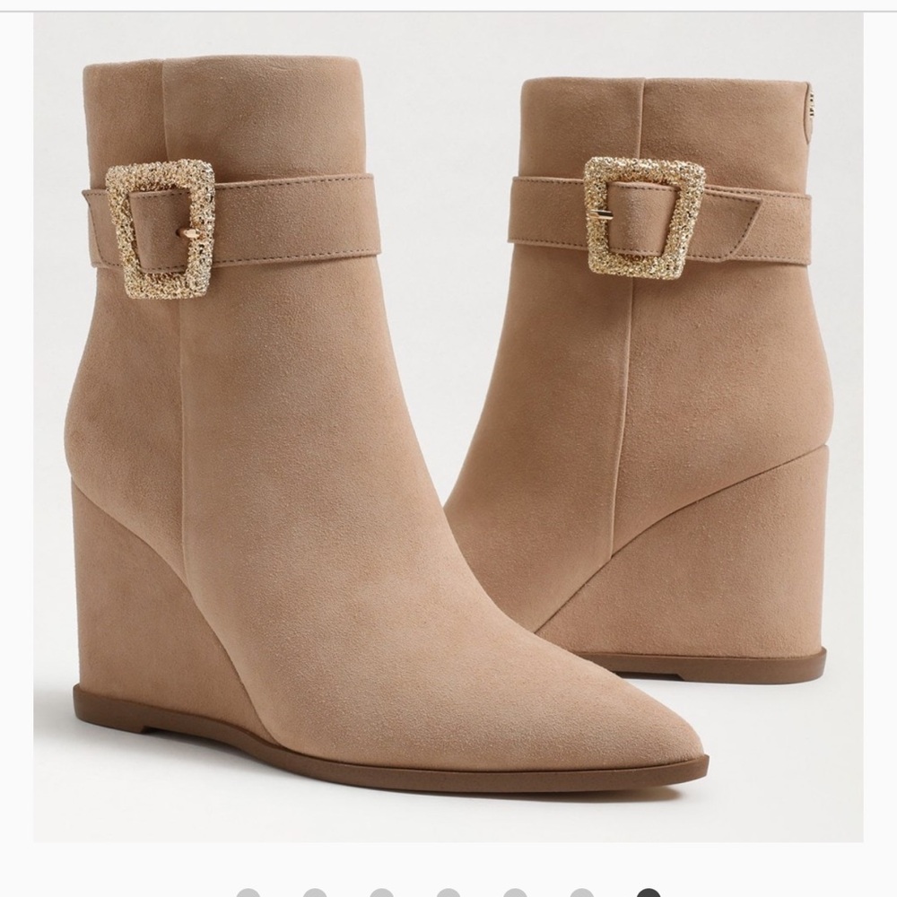 Sam Edelman Beige Wedge Booties with Gold Buckle